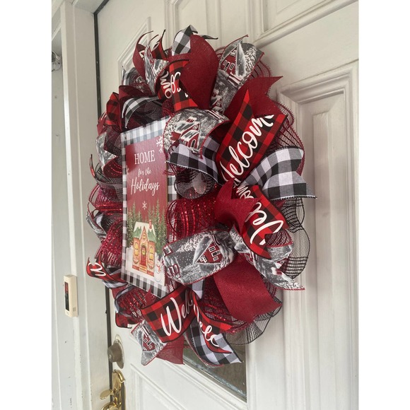 Buffalo Plaid Check Welcome Home for the Holidays Mesh Ribbon Christmas Wreath - Picture 6 of 6